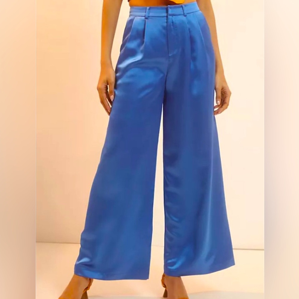 Anthropologie Du Paradis Women’s Large Pants Blue Sateen Wide-Leg Trousers NWT